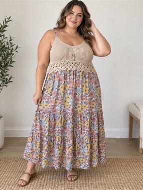 Crochet Waist Floral Maxi Skirt - Beige & Multicolor